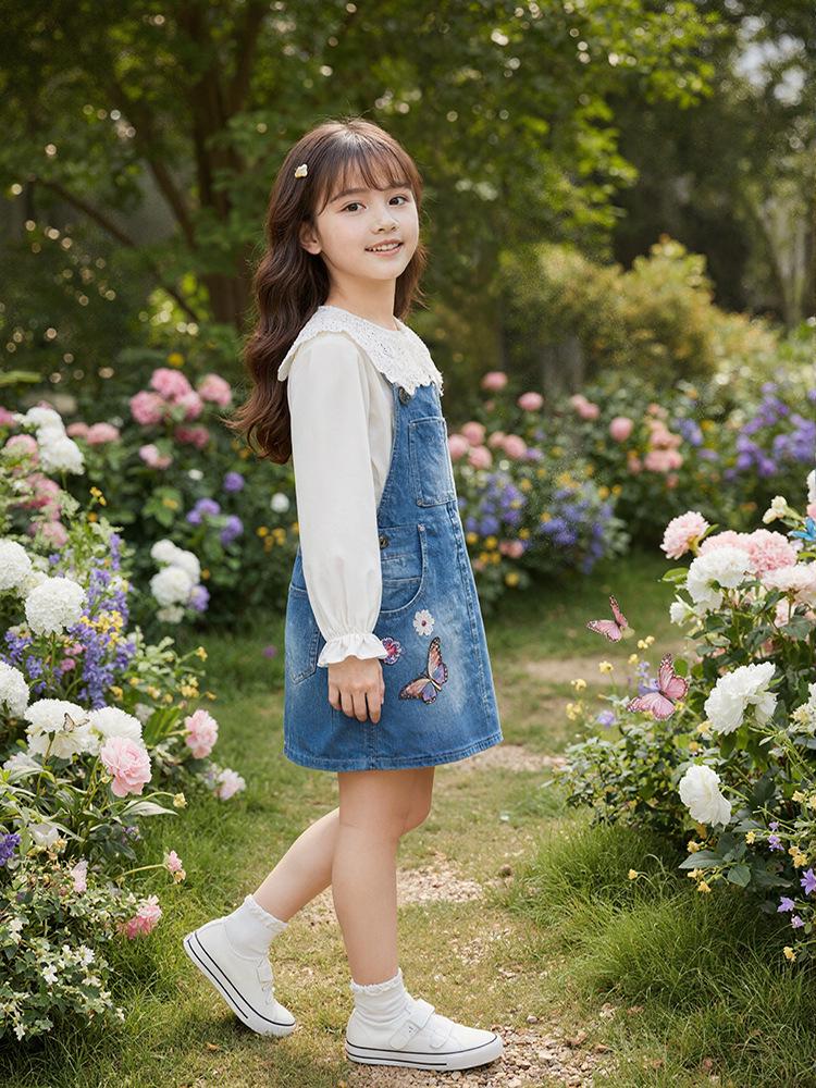 Осеннее джинсовое платье-комбинезон для девочек - Модный европейский и американский стиль для детей