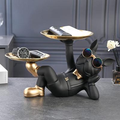 Yipyon Dog Raising Plate Фигурка Собаки Статуэтка Декоративный Поднос Французский Бульдог Двойной Поднос Лоток Для Хранения Ключей Лежащая Собака Креативное Украшение Стола Настольный