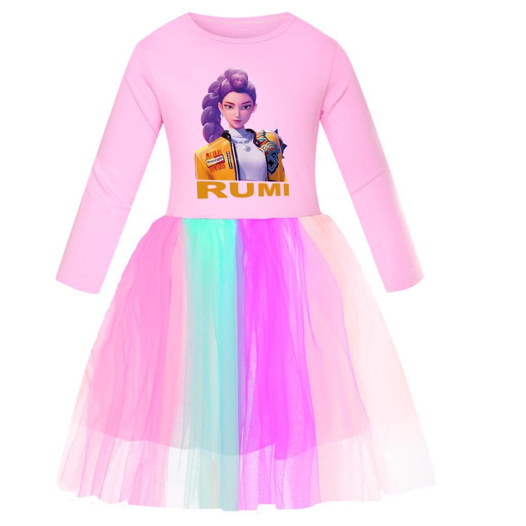 Kids Girls Anime Cartoon POP Singer Super Star Rumi Zoey Mira Print Mesh Rainbow Round Neck Casual Cotton Dress