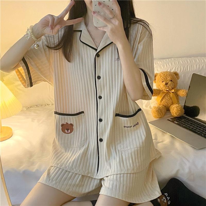 Летние пижамы, женские шорты с короткими рукавами, свободный кардиган с бантом, летний можно носить как домашний комплект одежды