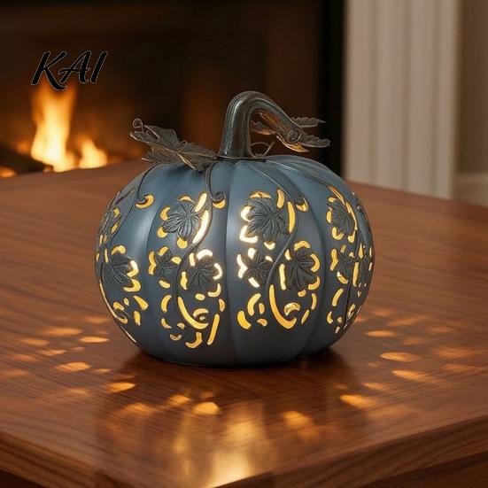 Embossed Vine Craft Light-Up Halloween Gourd Decoration, LED Twinkling Pumpkin Lantern, Resin Indoor Home Accents Ornament for Fall Outdoor