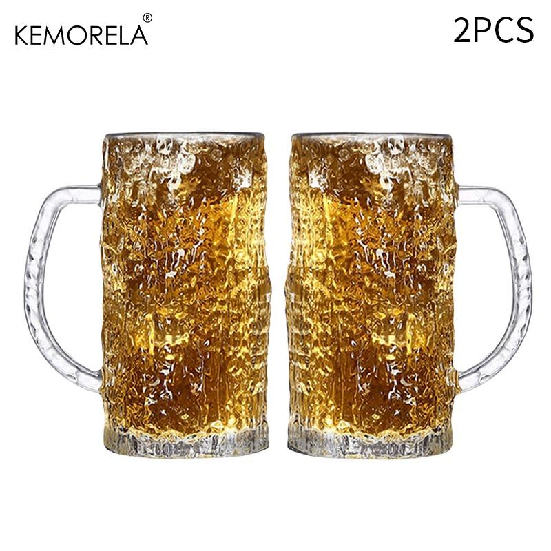 KEMORELA 1/2PC Pub Beer Glasses Thick-Base Pint Mugs with Frosted Glacier Texture Bar Grade Glassware for Lager IPA Craft Beer