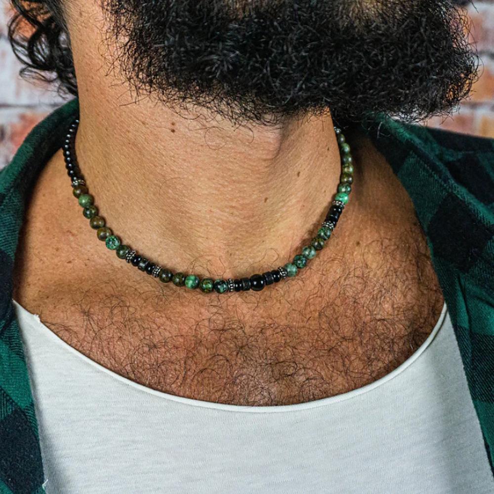Natural Stone Beaded Handmade Men's Necklace Single-layer Personalized Punk Style Stainless Steel Necklace Men