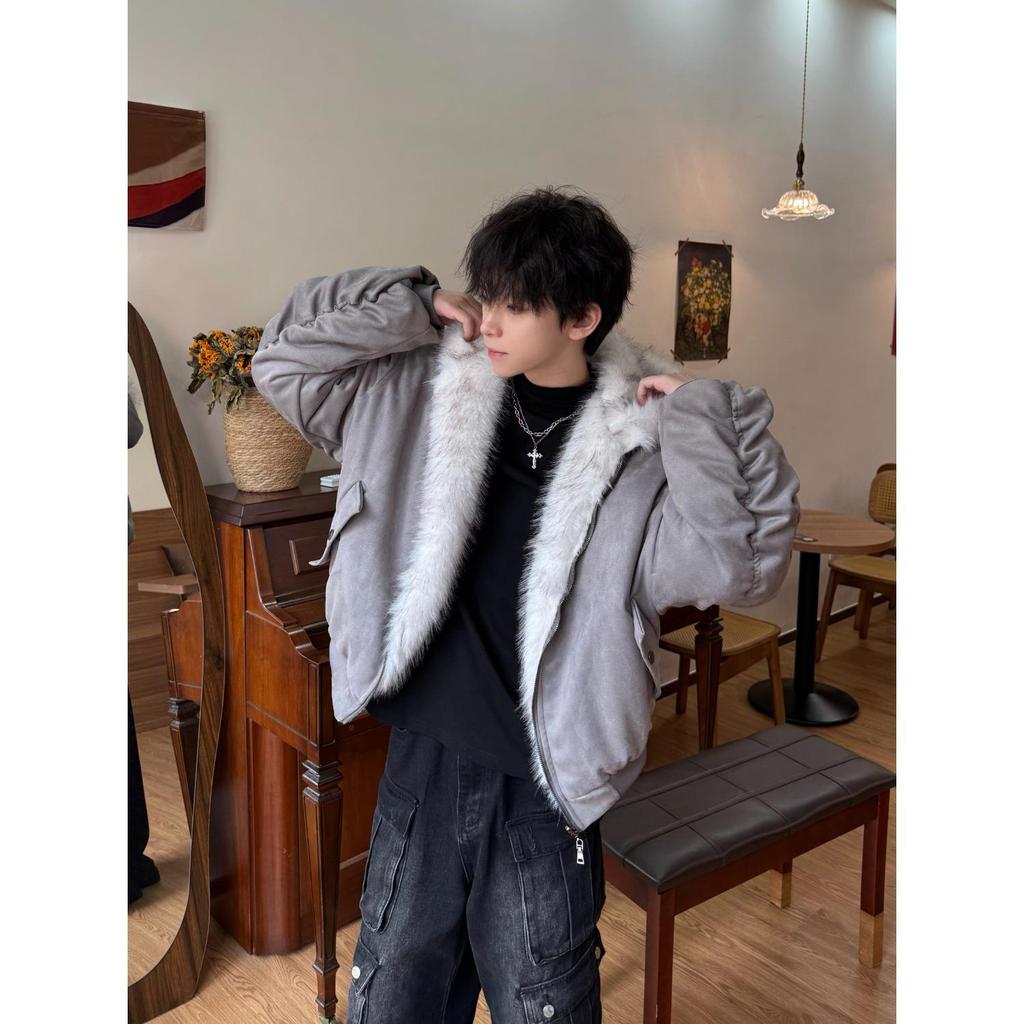 Мужская ретро-куртка из серой замши и велюра с меховым воротником и дизайном золотого орла