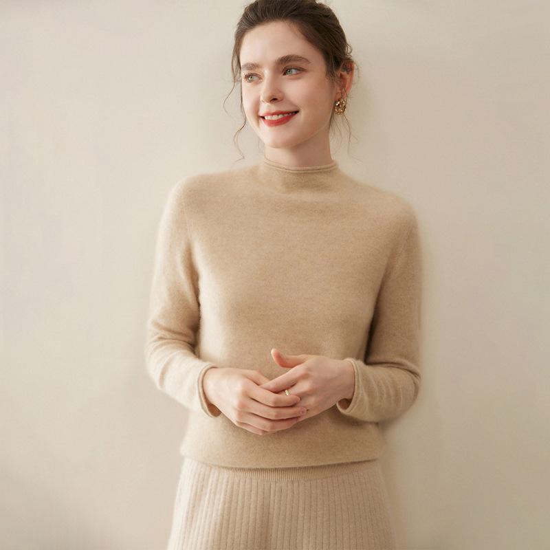 Women's Pure Cashmere Half-High Neck Sweater, Solid Color, Loose Long Sleeves, Autumn/Winter Collection.