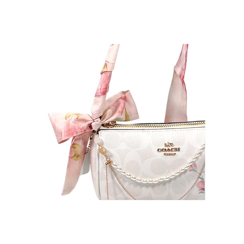 Coach Сумка на плечо [Индивидуальная сумка] Nolita 19 Цветочные тени в облаках Ручная роспись Розовый цветок Шелковый шарф Бант Жемчужная цепочка Через плечо Цветочная мелодия