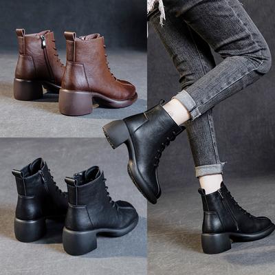 Pmwrun Женские ботинки из коровьей кожи с боковой молнией на шнуровке Ботильоны на платформе Плоская женская обувь