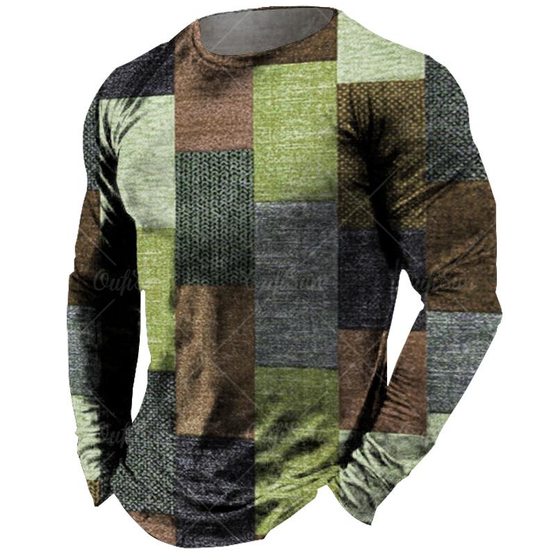 Винтажная мужская футболка с длинным рукавом, топы с клетчатым принтом, осенняя толстовка большого размера, мужская повседневная уличная одежда с круглым вырезом, мужская одежда
