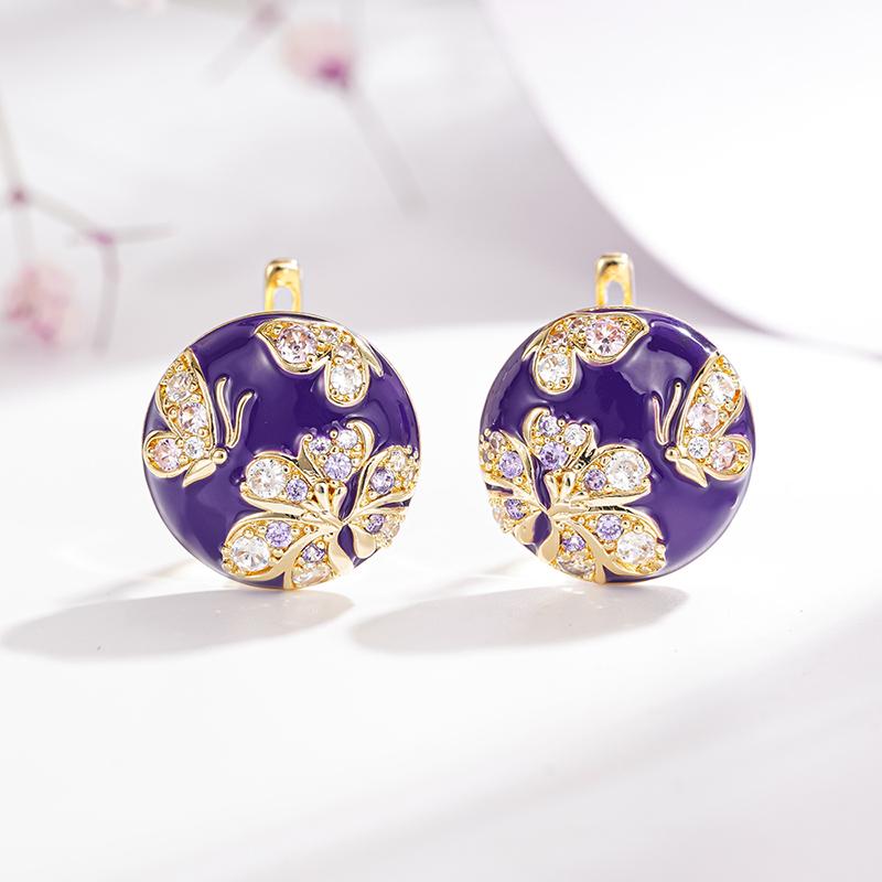 Xiaomi Huitan Elegant Purple Enamel Hoop Earrings for Women Gold Color Flower with Shiny Cubic Zirconia Trendy Party Bohemian Jewelry