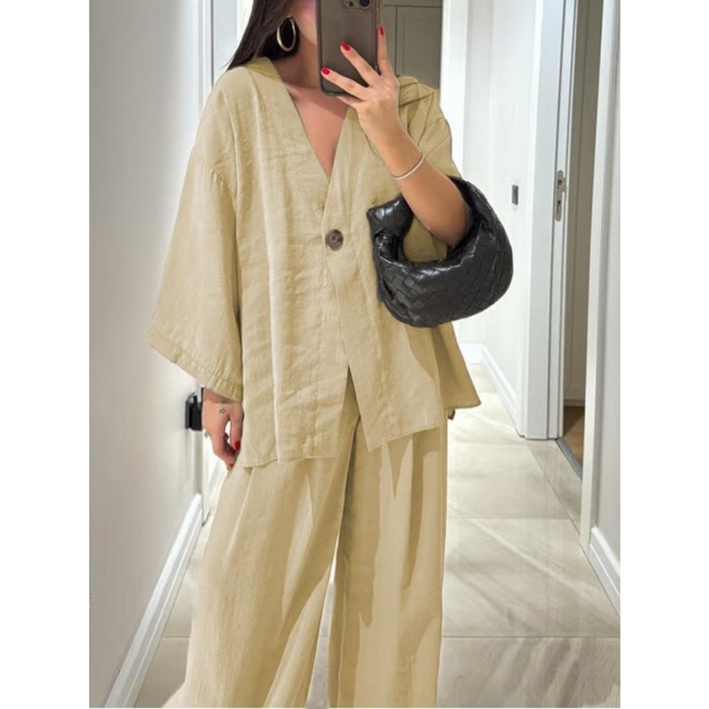 Women's Fashion Casual Suit V-neck One Button Loose Long Sleeved Top, High Waisted Trousers Two-piece Set