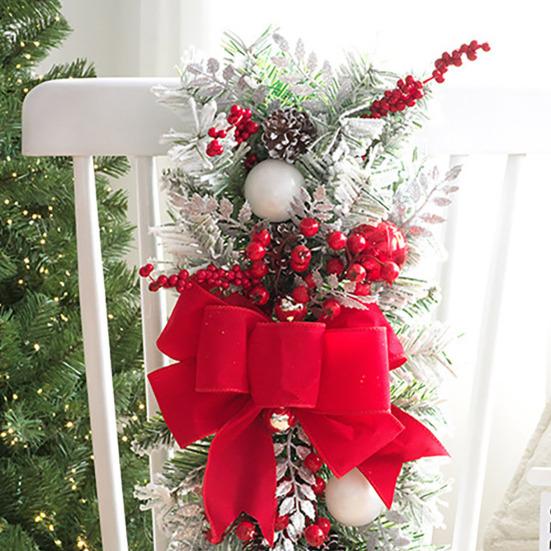 Christmas Stair Garland with Faux Snow Pine Cones Ribbon Realistic PVC Christmas Wreath for Indoor Decor Staircase Door Mantel Decoration