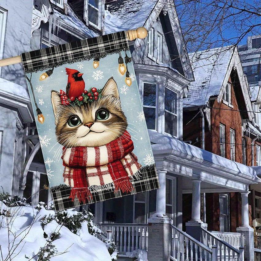 Merry Christmas Cat and Cardinal Polyester Garden Flag Double-Sided, Weather-Resistant Seasonal Decorative Flag Without Electricity for Home and Gard