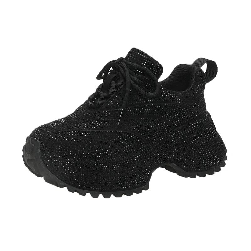 Мода 7см Летние Роскошные Дизайнерские Женские Кроссовки Daddy со Стразами Толстая Подошва Сетка Розовые Милые Женские Тенниски на Платформе Весна