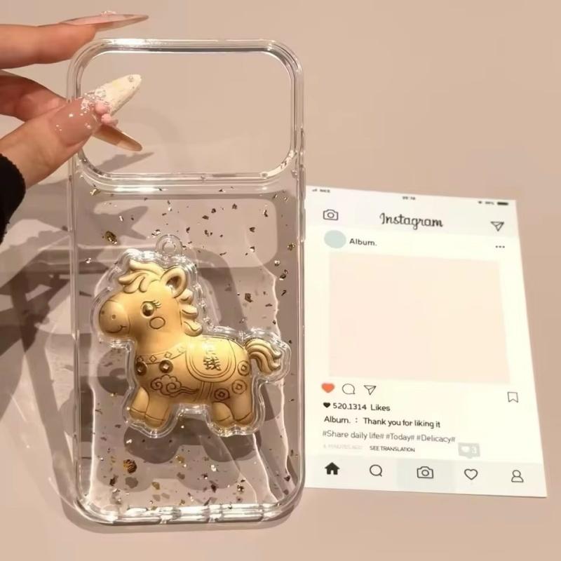 3D Золотой Лошадь, Прозрачный чехол с пайетками для iPhone 17, Pro Max 17, Pro 12, 13, 14, 15, 16, Pro Max 15 Plus 11, противоударный чехол