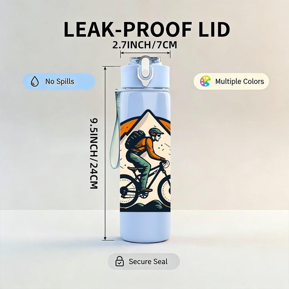 1PC Mountain Biker Hiking Outdoor Print 750ml Color Plastic Sports Water Bottle Leakproof Flip Straw Lid Suitable for Sports Office Home Use