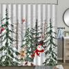 Christmas Shower Curtain, Winter Farm Barn Snowman Animal Moose Berry Christmas Tree Snow Scene Red Bird Bathroom Decoratio.