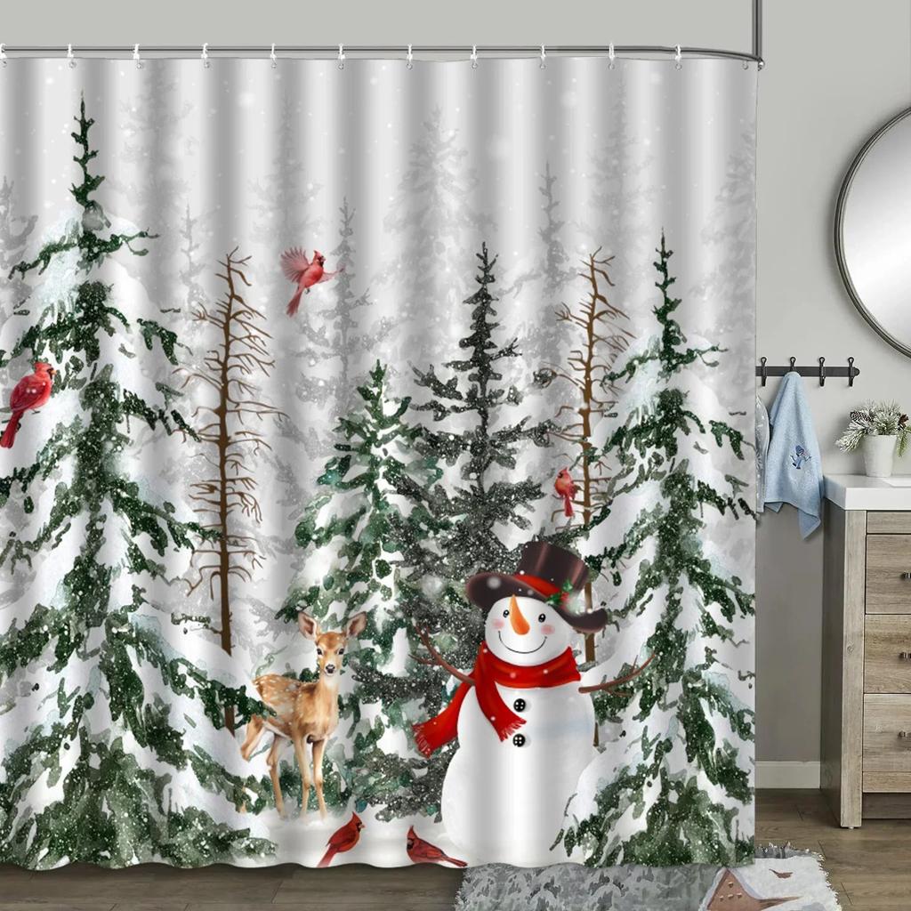 Christmas Shower Curtain, Winter Farm Barn Snowman Animal Moose Berry Christmas Tree Snow Scene Red Bird Bathroom Decoratio.