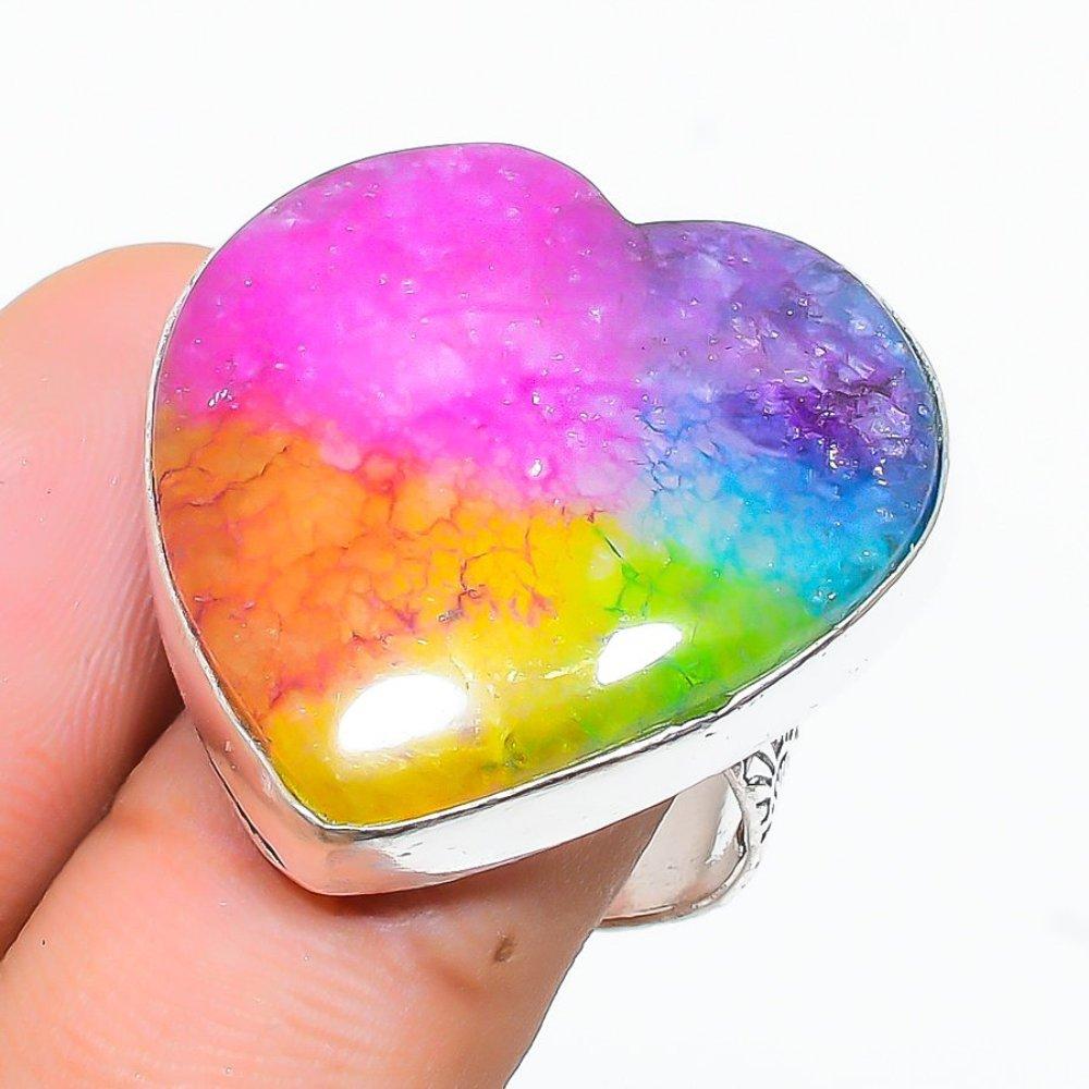 Радужный солнечный кварцевый драгоценный камень ручной работы из стерлингового серебра 925 пробы, подарочное кольцо, размер 6 H9Z17
