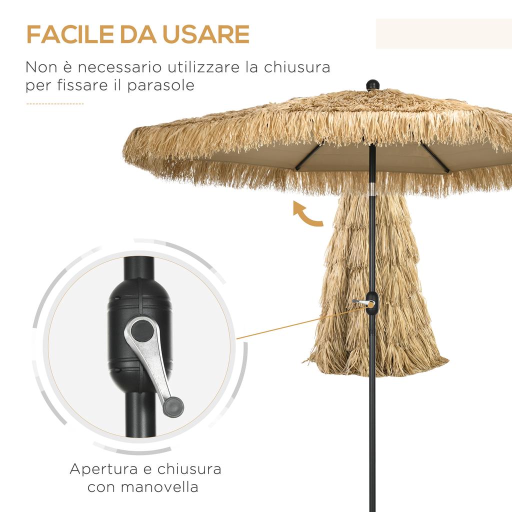 Round Garden Umbrella with Straw Canopy and Crank Handle. 265x250cm. Khaki