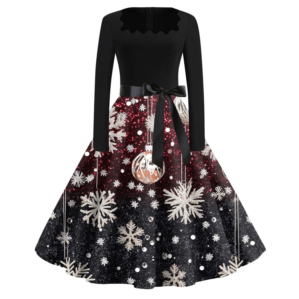 Women's Fashion Casual Square Neck Slim Christmas Printed Long Sleeve Dresses