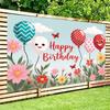 2D Kids Birthday Backdrop with Smiling Balloons, Flowers and Butterflies