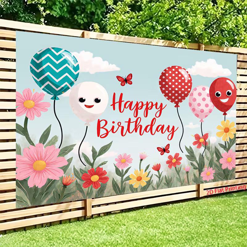 2D Kids Birthday Backdrop with Smiling Balloons, Flowers and Butterflies