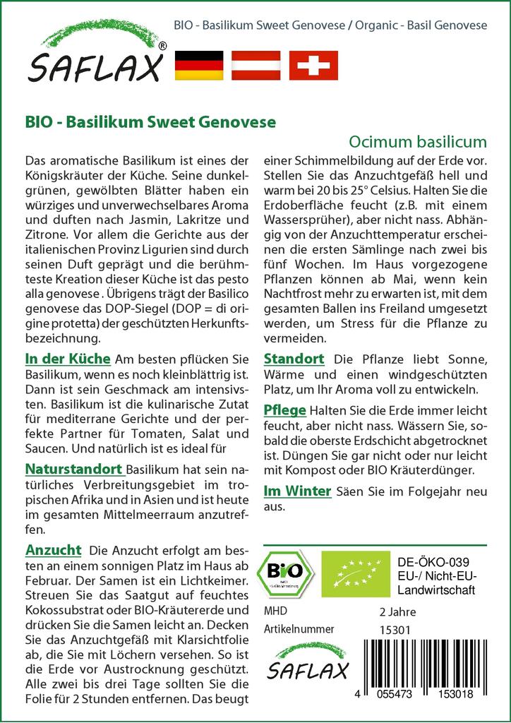 SAFLAX Сад в сумке - Органический - Базилик генуэзский - 800 семян - С субстратом в подходящей устойчивой сумке - Ocimum basilicum