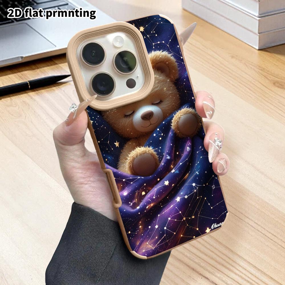 Phone Case: 2D flat lambskin suitable for iPhone 18 17 16 15 14 13 Pro protective case, starry sky bear, Christmas and Halloween gift