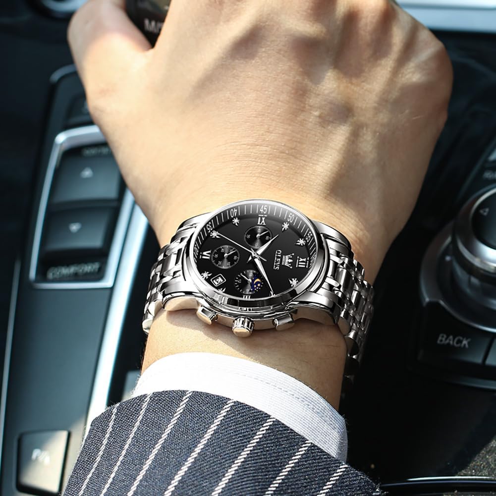 OLEVS часы для мужчин кварцевые фазы Луны таймер из нержавеющей стали простые модные водонепроницаемые светящиеся часы с датой для мужчин (черный)