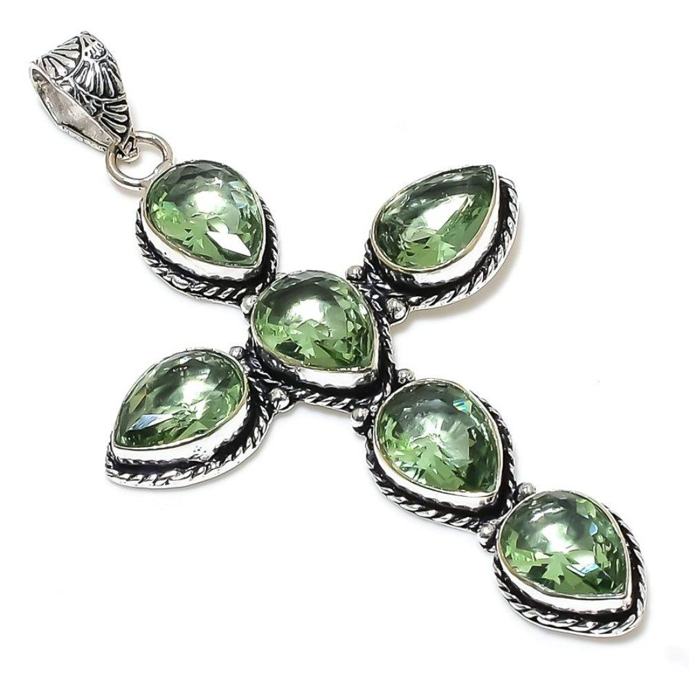 Natural Green Amethyst Gemstone 925 Sterling Silver Gift Pendant 3.39" F5s66