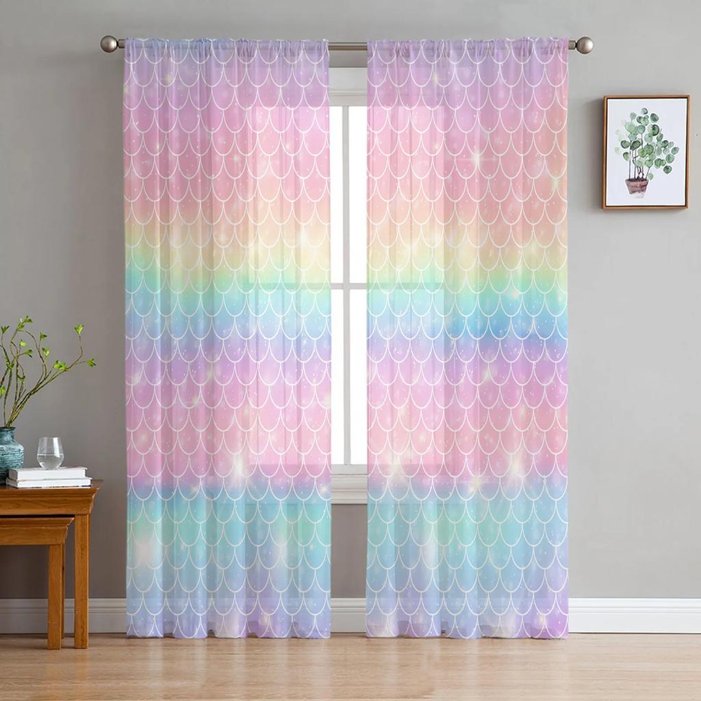 Rainbow Geometric Stripes Tulle Curtains For Living Room Kitchen Decoration Chiffon Window Treatments Voile Sheer Curtain