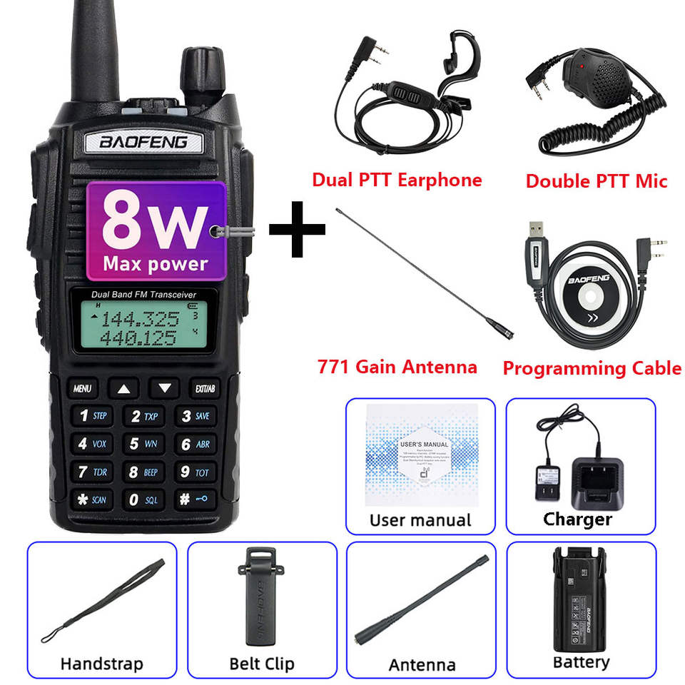 Baofeng UV-82 8W High Power Unieke Dual PTT Walkie Talkie UV82 Dual Band VHF/UHF FM 10Km Long Rang Two Way Ham CB Radio Handheld