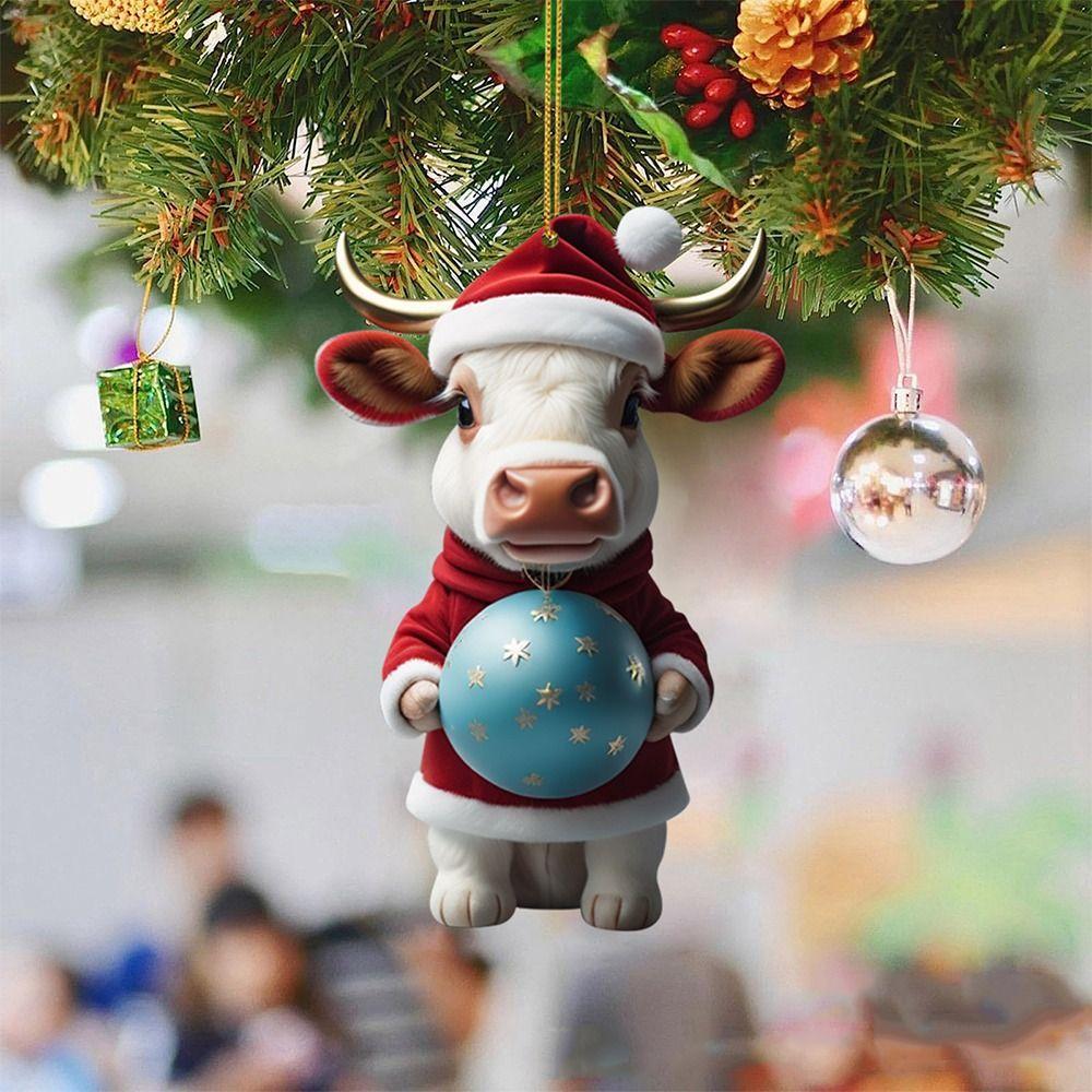 Flat Cow Christmas Tree Ornament Cartoon Car Rear View Mirror Pendant Christmas
