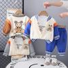0-5-Year-old Boys' Long Sleeved Three Piece Set Cartoon Teddy Bear Baseball Jacket Round Neck White Top Casual Ankle Tied Pants