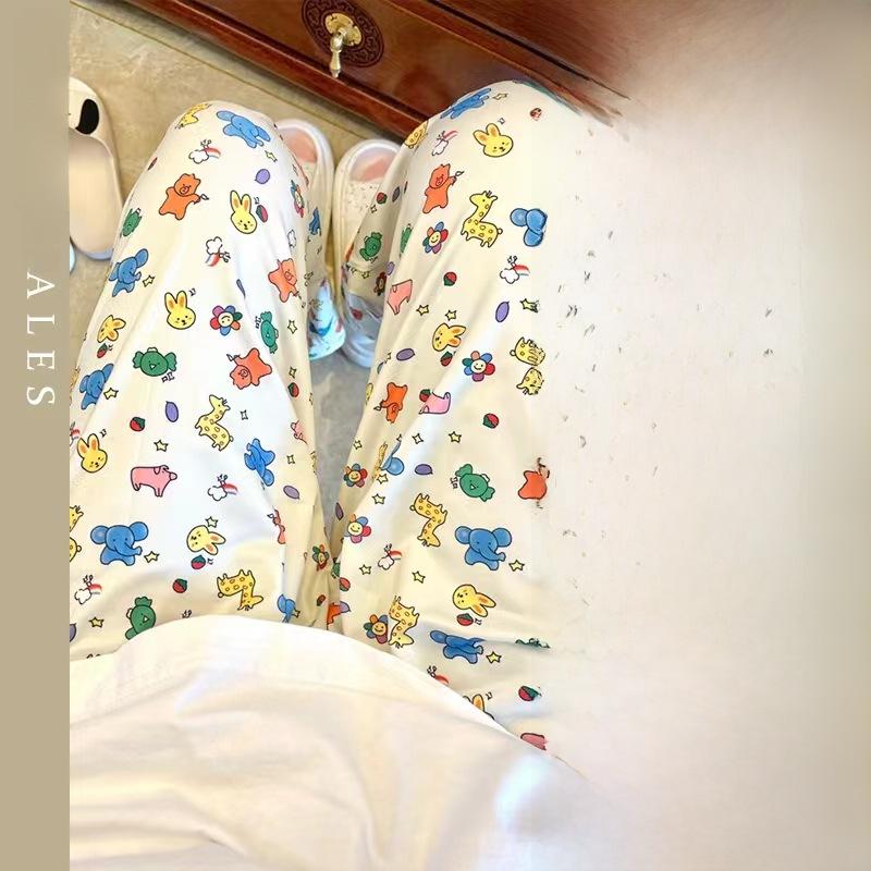 Женские летние пижамные штаны с кондиционером в корейском стиле - свободная повседневная одежда для отдыха с принтом животных