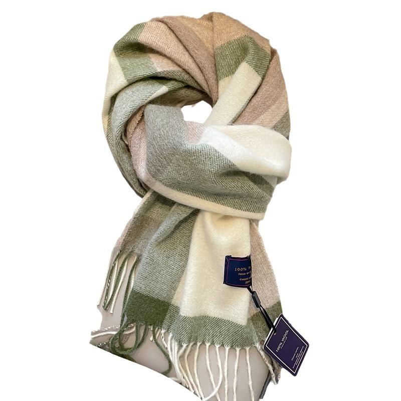 100 Pure Wool Plaid Scarf Women's Winter New Girls Autumn and Winter Green High-end Feeling with Coat Scarf