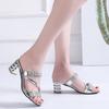 Summer  Women's Sandals and Slippers with Medium Heel Thick Heel Women's Slippers with Open Toe High Heel Rhinestones