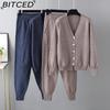 Autumn and Winter V-neck Cardigan Sweater Harlen Pants Set Solid Color Cardigan Sweater Two-piece Set