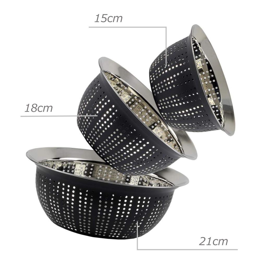 Pearl Metal Перфорированная миска и дуршлаг, Ограниченная серия, Черный, 15 см / 18 см / 21 см, Нержавеющая сталь, Набор из 3 предметов, BLKP, Черный, AZ-5036