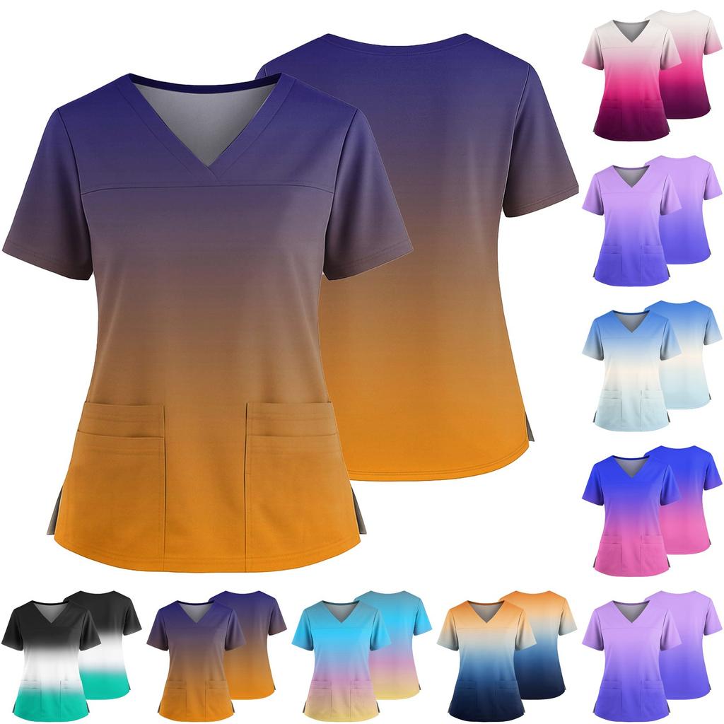 Women's Casual Printed V-Neck Pocket Side Slit Short Sleeved Top Short Sleeved Top