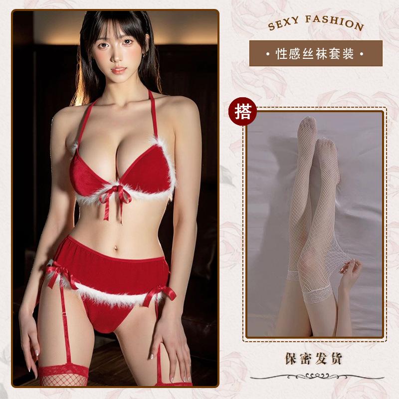 Sexy Lingerie Sexy Christmas Set Red Gift Uniform Seduction Plush Butterfly Three Point Garter