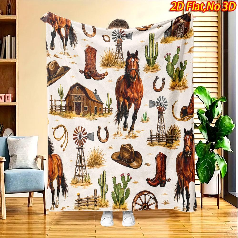 1pc Western Cowboy Style Blanket Suitable for All Seasons, Soft Flannel Throw Bedspread with Western Cowboy Print, Machine Washable Bedspread for Couc