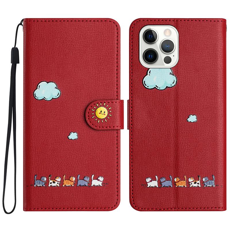 Кожаный чехол-кошелек с мультяшным котом для iPhone15, Samsung S24, Xiaomi, OPPO, VIVO - полный комплект с отделениями для карт.