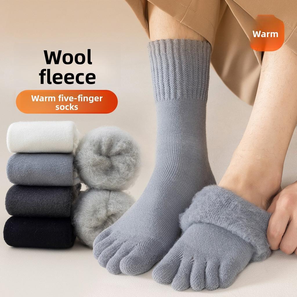 Woolen Five-finger Socks for Men, Mid-calf with Fleece for Warmth, Toe-separating Socks, Toe Socks for Warmth, Thickened Loops, Long Calf