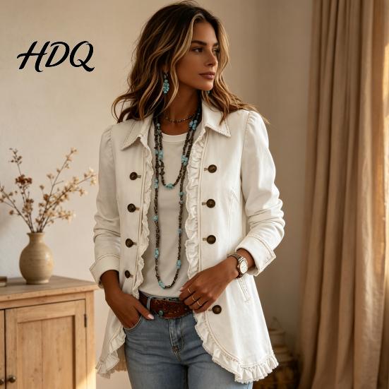 Floral Embellished Blazers Women Bohemia Jacket Turndown Collar Ruffled Open Front Coat Daily Wear Coats Slim Fit Casual Long Sleeve Outwear