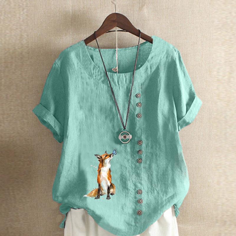 Women's Fashion Round Neck Short Sleeve T-shirt Casual Cotton Linen Graphic Shirt Leisure Loose Fox Prined Summer Blouse Tops
