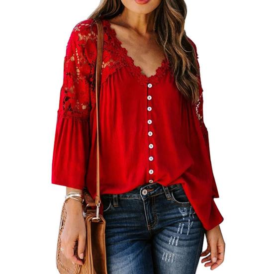 Женская блузка, сплошной цвет, кружевной пуловер, топ с расклешенными рукавами и V-образным вырезом