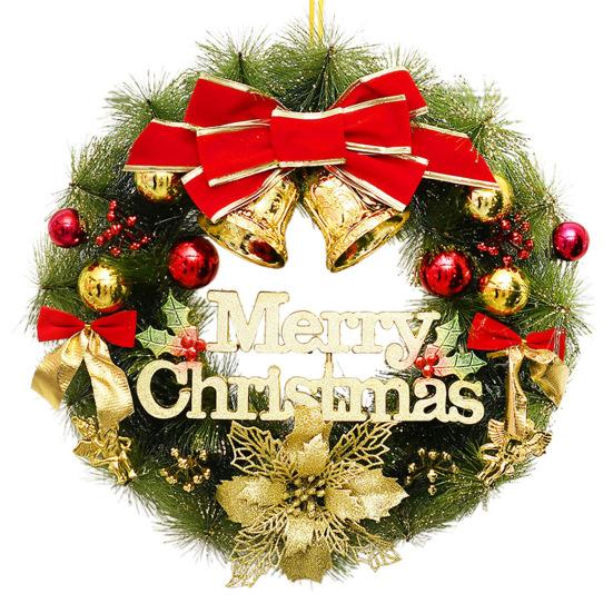 Christmas Wreath for Front Door Artificial Pine Needle Wreath with Balls Bows Flowers Merry Christmas Hanging Decor for Home Wall Window Porch Decor