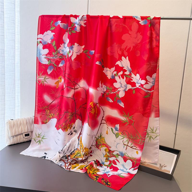 New Printing Simulation Silk Brocade Sunscreen Contrasting Color Flower Silk Scarf Long Scarf Shawl Versatile Headscarf Scarf