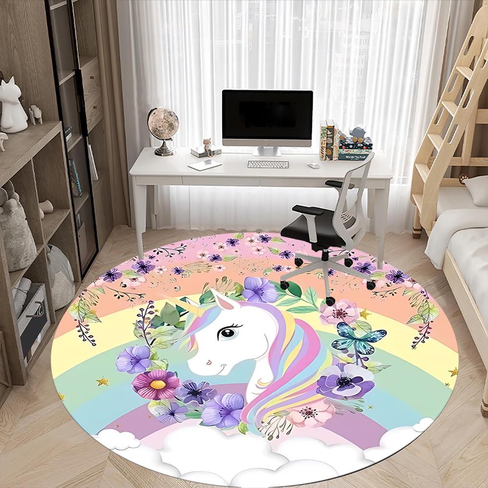 1pc Unicorn Rainbow Flowers Chair Carpet for Office, Round Polyester Mat, Indoor Decor for Office, Easycare Fabric, Washable Non-slip Area Carpet